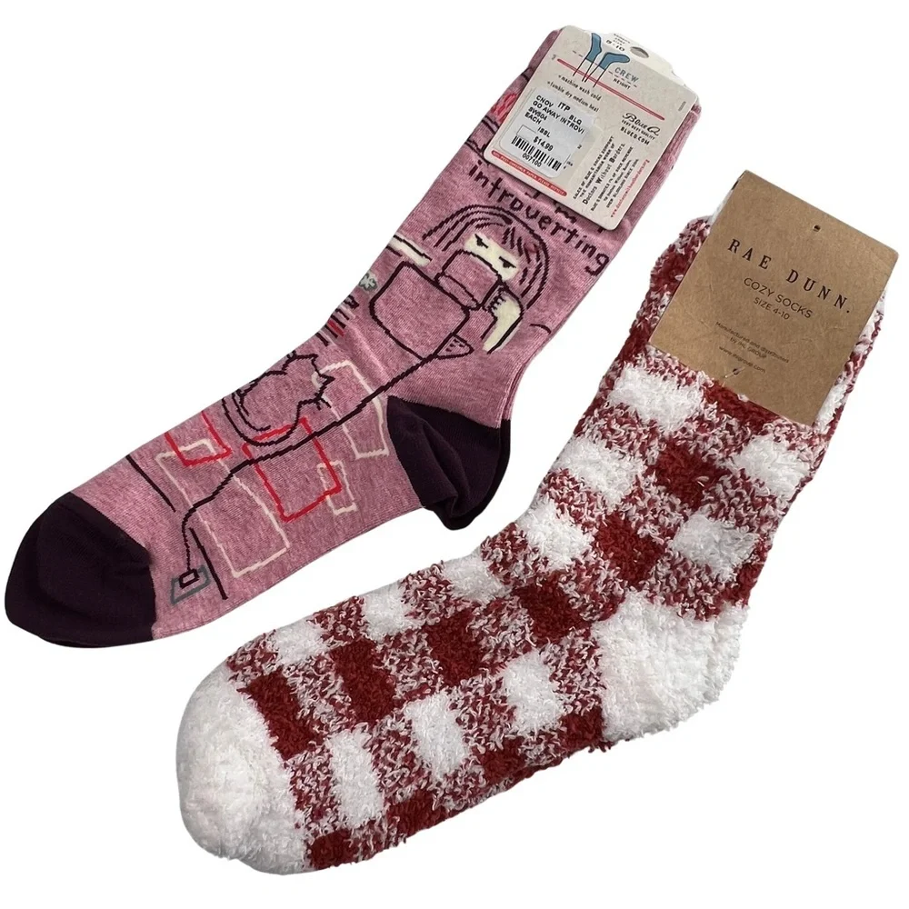 Socks Lot Rae Dunn Buffalo Plaid + Blue Q Introvert White Rust Pink Purple 4-10